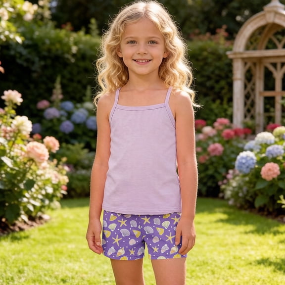 ITSAME Girls Outfits 2-Piece, Lightweight Camisole and Printed Shorts Summer Casual Fashion Clothes Set Purple Size 7-8