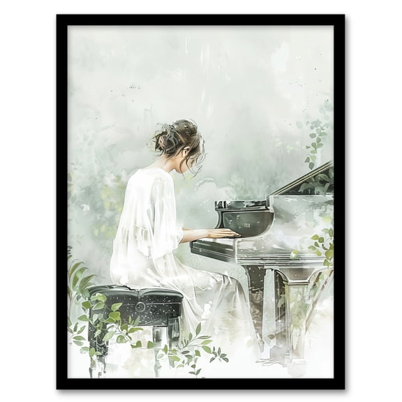 Artery8 Pianist Playing Piano Misty Forest Watercolour Living Room Art Print Framed Poster Wall Decor 12x16 inch