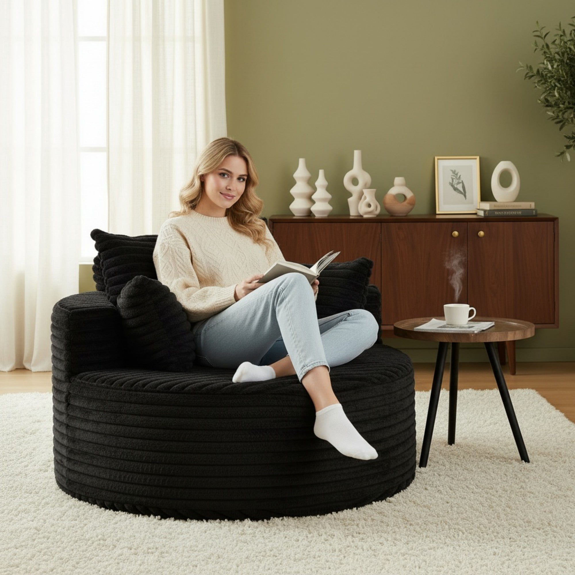 Sailvan 50" Corduroy Single Sofa, No Assembly Modern Sleeper Chair, Fluffy Cloud Lounge Recliner for Living Room and Bedroom, Grey Black