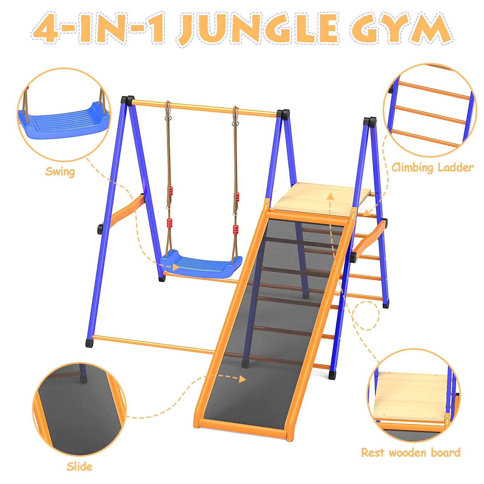 ​XIEWEI 4 in 1 Indoor Jungle Gym Playset with Swing and Slide Durable Metal Climber for Kids