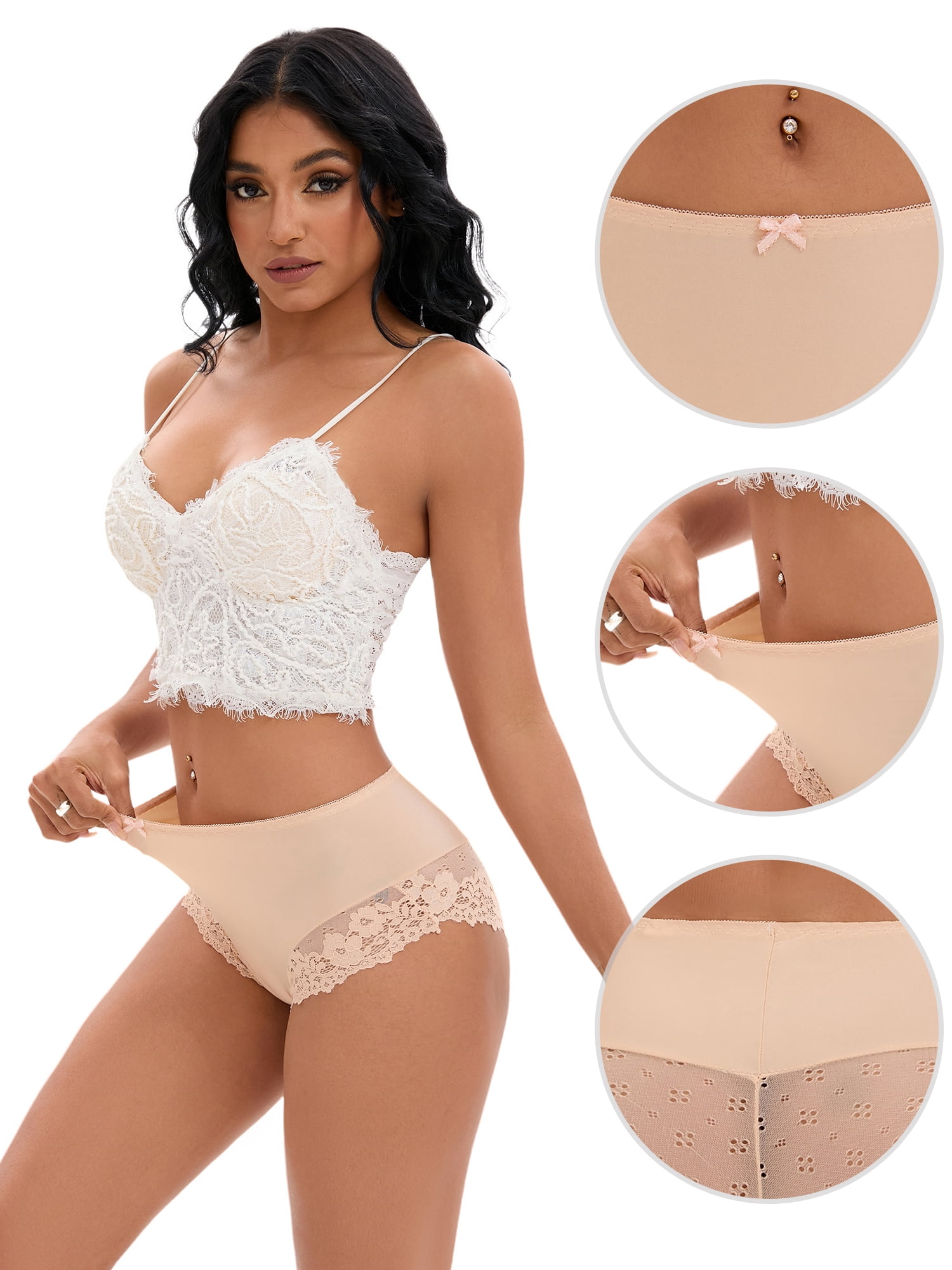 DARING DIVA Women's Lace Underwear Mid-Waisted Briefs Full Coverage Panties S Beige