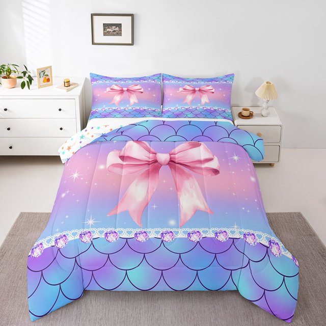 Erosebridal Ensemble de Literie Princesse avec Nœud, Couette Complète, Écailles de Sirène Rêveuses, Réversible