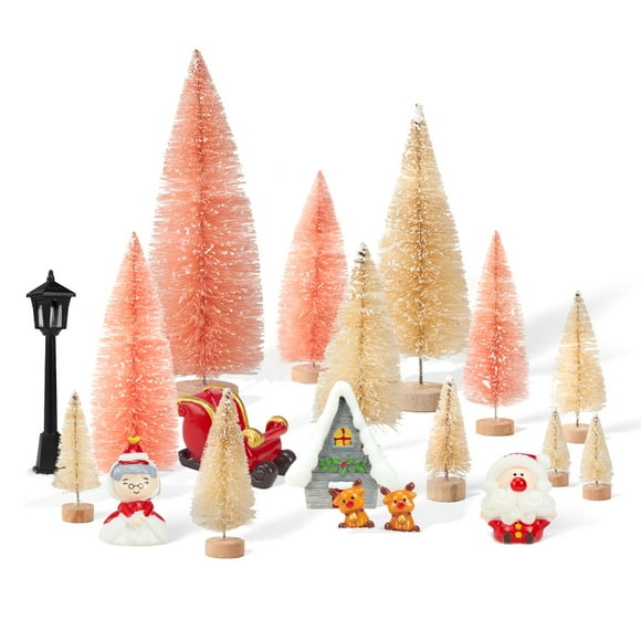 Lightwish Mini Christmas Trees Christmas Decorations Set, Árboles de Navidad con Cepillo de Botella y Base de Madera para Exhibición de Manualidades de Aldea de Navidad Decoración de Mesa Del Hogar