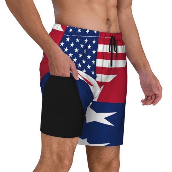 Men's 2 in 1 Swim Trunks with Compression Liner America Texas Flag Quick Dry Beach Shorts