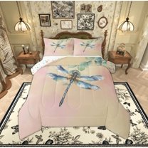 Manfei Vintage Dragonfly Insect Queen Comforter Set, Rustic Farmhouse Animal Bedding Sets, Teens Kids Adult Reversible Bedding Comforter Set, Lightweight Room Decor, 3pcs