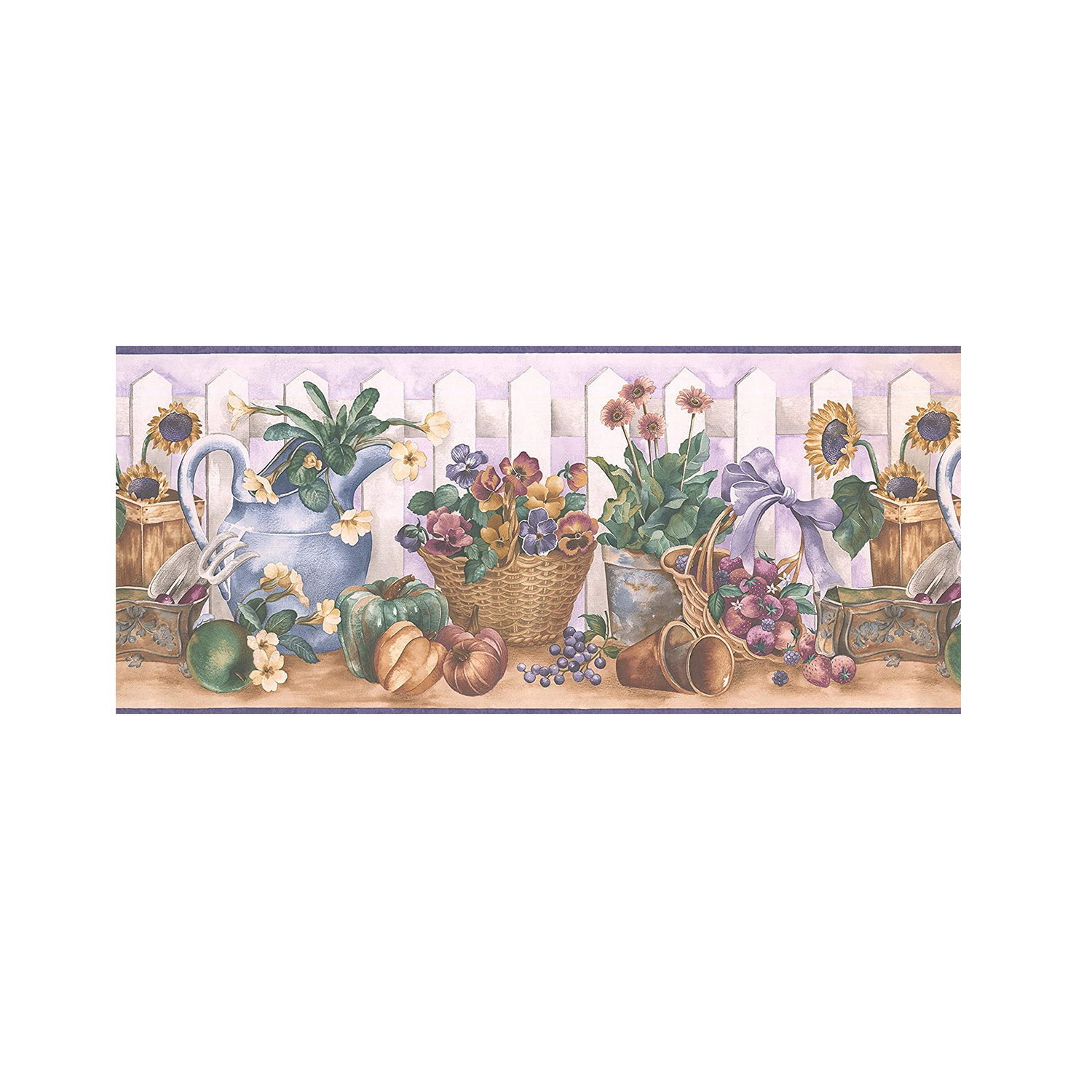 Classic Wallpaper Border Featuring White Picket Fence Sunflowers and