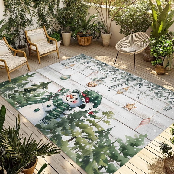 Fsddascl Green Snowman Christmas Outdoor Rug for Patio/Deck/Porch, Non-Slip Large Area Rug 6 x 9 Ft, Eucalyptus Xmas Tree Balls Vintage Indoor Outdoor Rugs Washable Area Rugs, Camping Rug Carpet