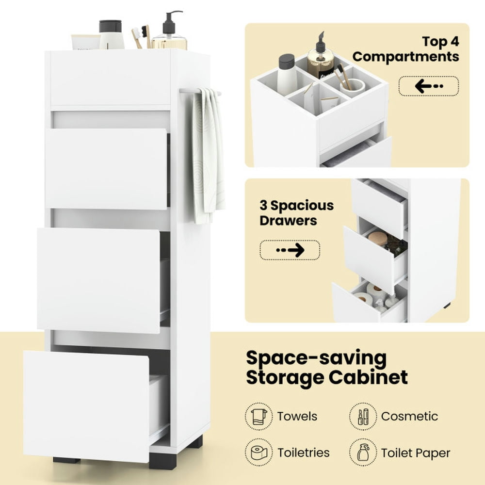 Finihen Bathroom Storage Cabinet, Bathroom Floor Cabinet, Bathroom Floor Cabinet with 3 Drawers, 4 Top Dividers and 1 Towel Rack, for Bathroom, Living Room, Bedroom, Kitchen, White Finihen Bathroom Storage Cabinet, Bathroom Floor Cabinet, Bathroom Floor Cabinet with 3 Drawers, 4 Top Dividers and 1 Towel Rack, for Bathroom, Living Room, Bedroom, Kitchen, White