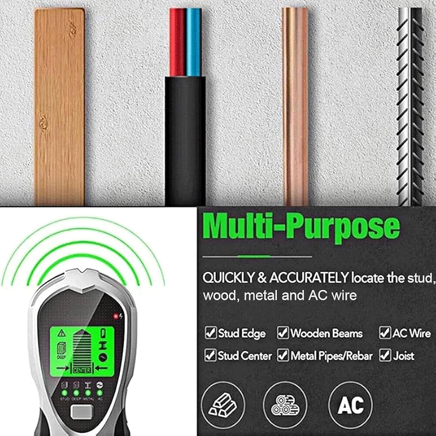 SHIORLAM Stud Finder Wall Detector, Multifunction Cable Detector, Wire Finder Tool with LCD Display, 5 Modes and Real-Time Alerts, Stud Center Edge Detector, for Wood AC Wire Metal