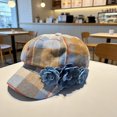 thumbnail image 2 of Retro Checkered Beret With Floral Embellishments; Artistic Style Baseball Cap With Three-dimensional Floral Decoration., 2 of 15