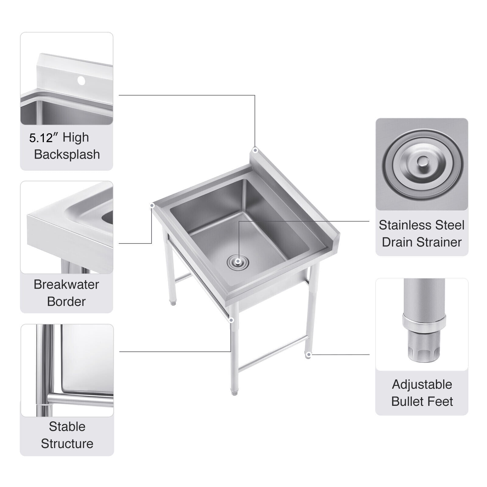 FETCOI Commercial Kitchen Sink Stainless Steel Catering Dishwash Bowl Basin Unit Table