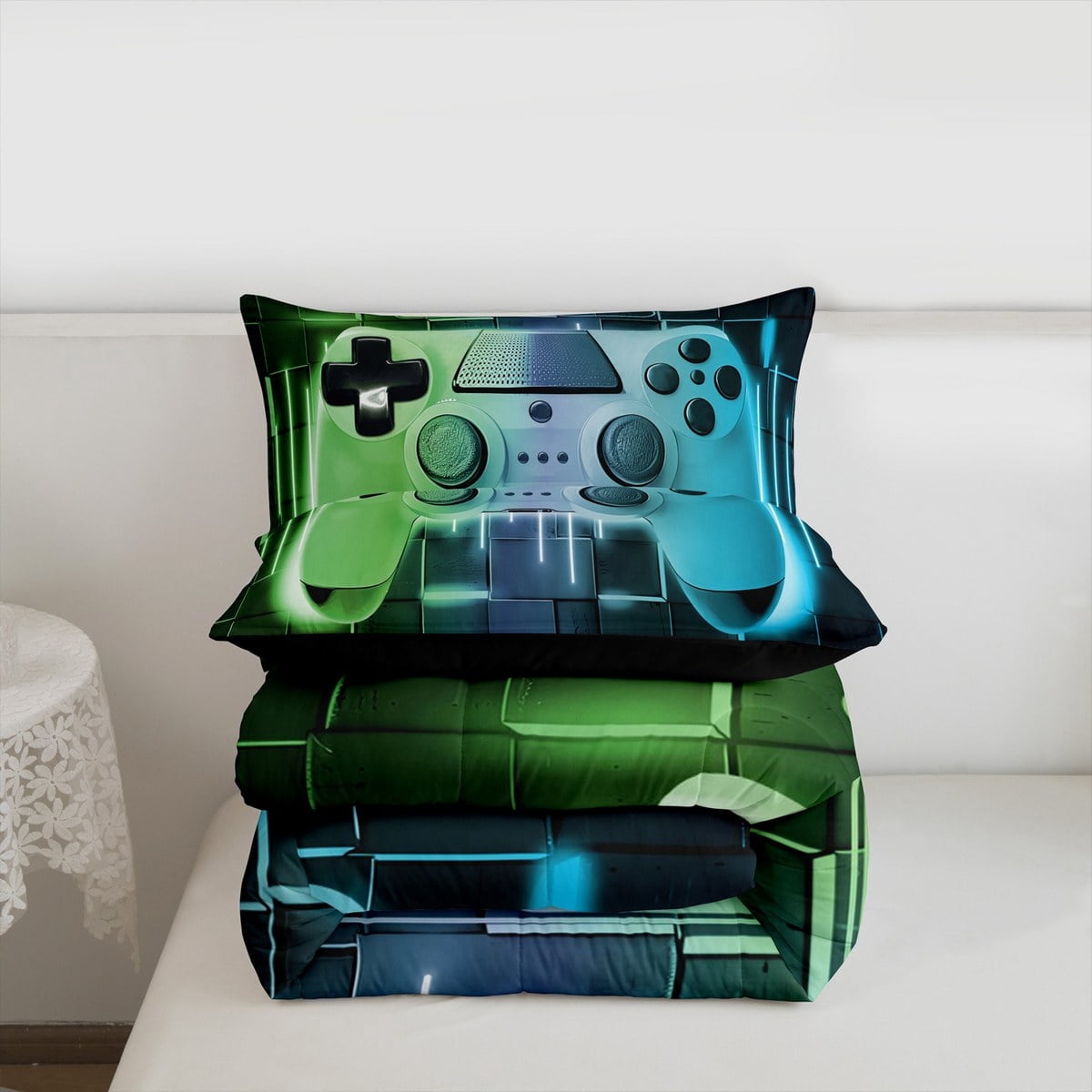 Green Teal Gaming Full Size Comforter Sets - Gamer Comforter Full Size Bedding Set, Neon Lights Abstract Geometry Design Gamer Room Decor