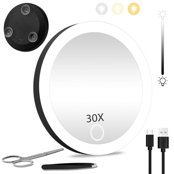 Travel Magnifying Mirror with Light 30X, 4-inch Rechargeable Lighted Compact Pocket Makeup Mirror with Suction Cups，Portable Mirror with Scissors and Tweezers(Black,4Inch)