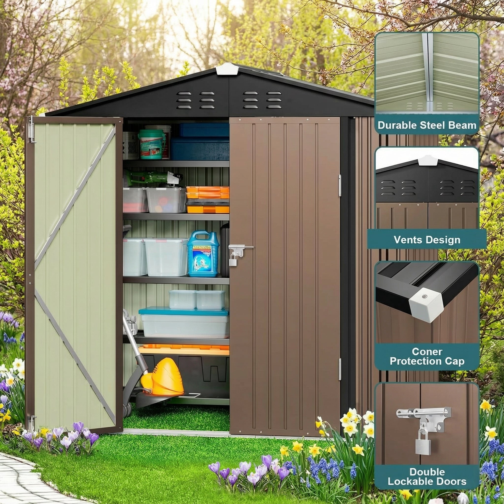 6' x 4' Outdoor Storage Shed, Weather-Resistant Iron Garden Shed with Lockable Double Doors for Backyard/Patio/Lawn, Brown