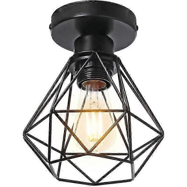 Industrial Metal Ceiling Light, Vintage Style Black Pendant Light, Retro Diamond Cage Shape for Living Room Bedroom Dining Room (Bulb Not Included)
