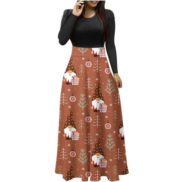 Vestido largo hasta los tobillos con cuello redondo y manga larga con estampado navideño de talla grande para mujer Fridja yut2689
