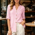 thumbnail image 3 of TGSLY Women's Striped V Neck Tops Lightweight Thin Casual Button Down Roll Tab Short Sleeves Blouses Loose Fit Dressy Curved Hem Shirts S, 3 of 10