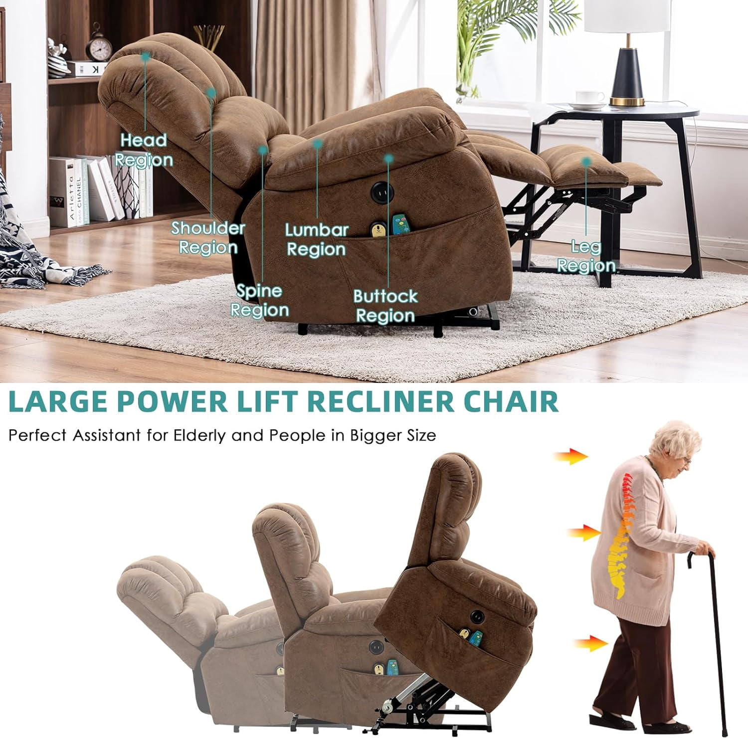 MEETWARM Large Power Lift Electric Recliner Chair with Extended Footrest for Elderly, Big and Tall Lift Chair for Seniors Reclining Chair for Living Room with Massage and Heated,USB Ports(Brown)