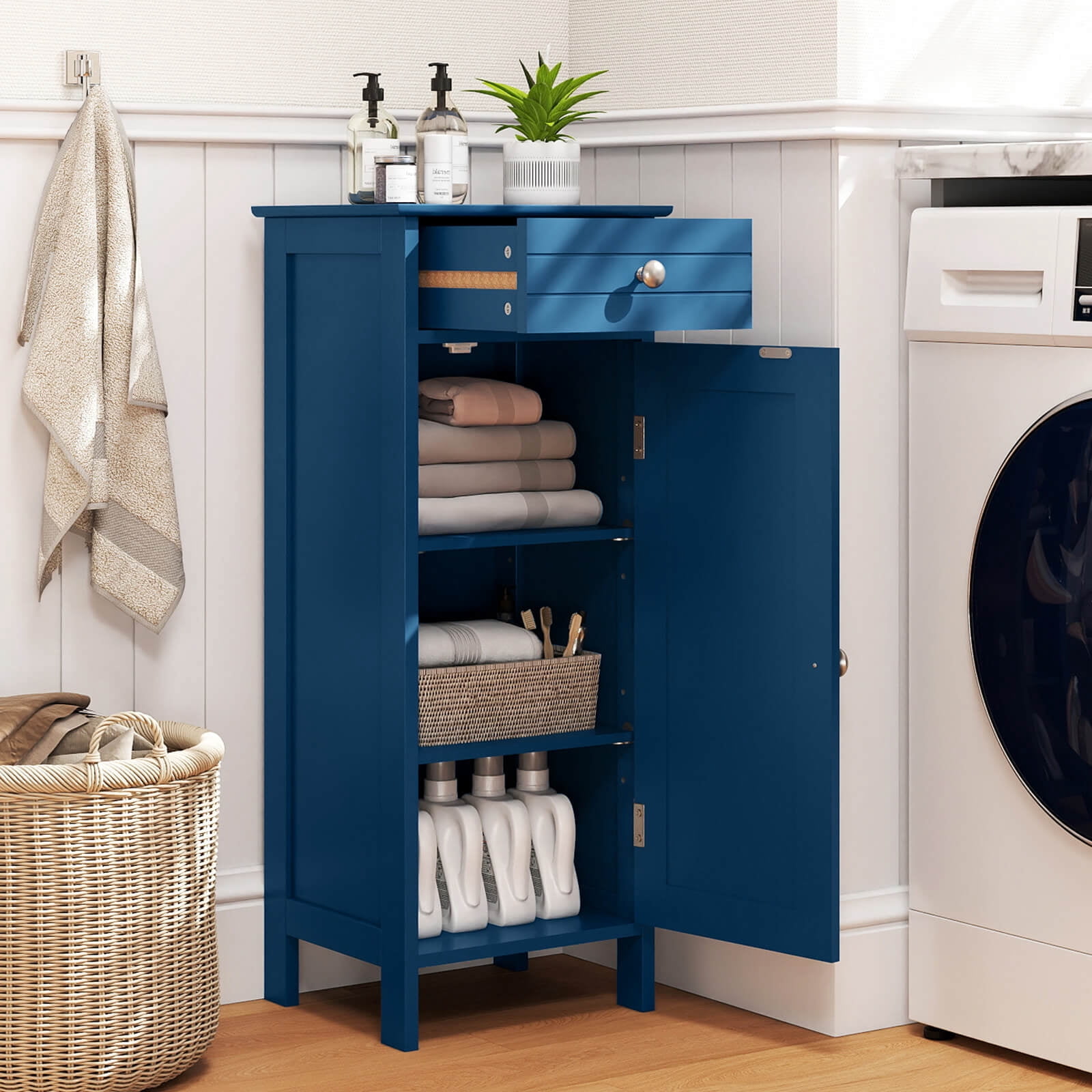 Costway Bathroom Floor Cabinet Storage Organizer Free-Standing with Drawer Gray Blue