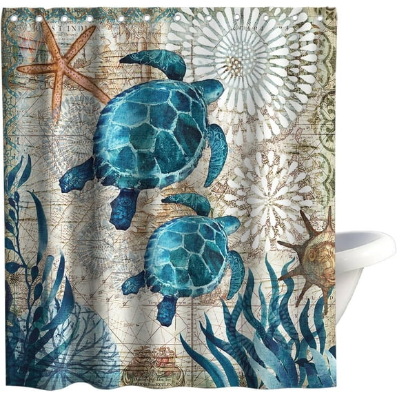 Nautical Green Sea Turtles Beach Theme Fabric Shower Curtain Sets Bathroom Blue Ocean Decor - 72 x 66 Inch Teal
