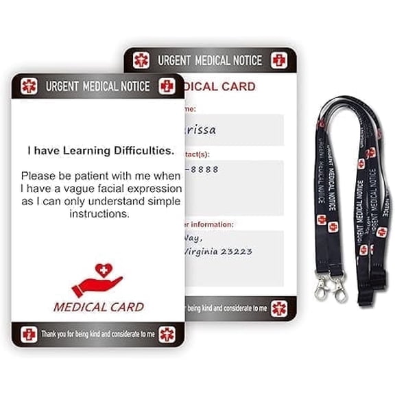Learning Difficulties Medical Card with Writable Panel and Patterned Lanyard Emergency Contact Card RAYCCI