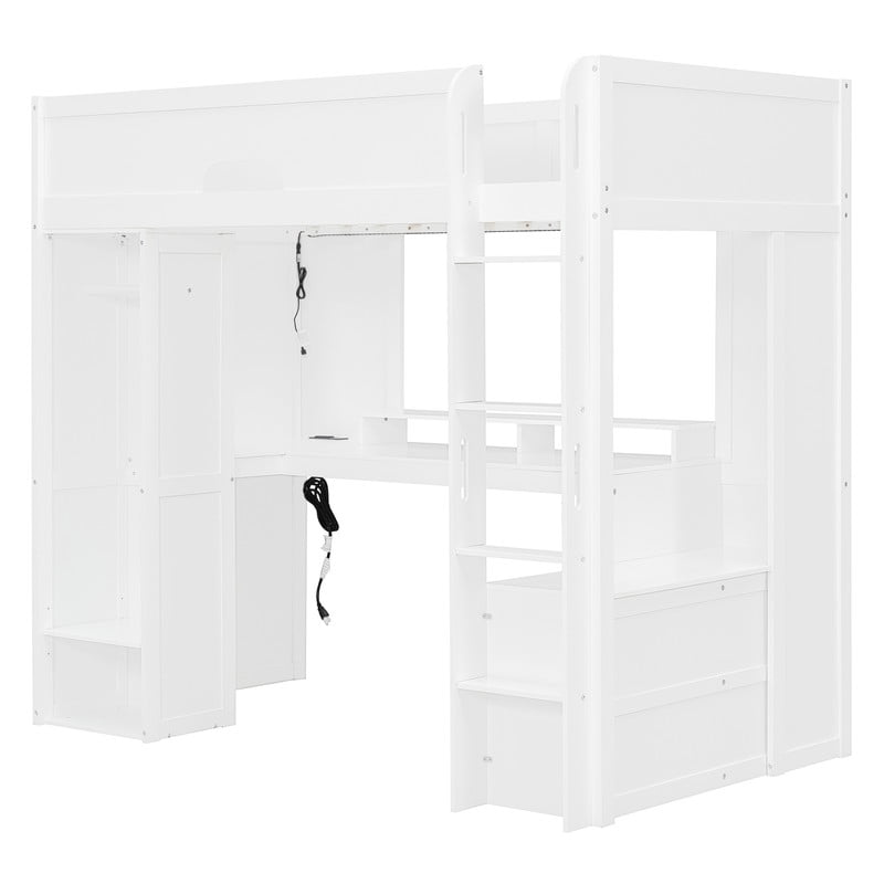 Twin Versatile Loft Bed with L-Shaped Desk, LED Light Strip & Charging Station, Storage Kids Bed Frame with Drawers & Wardrobe