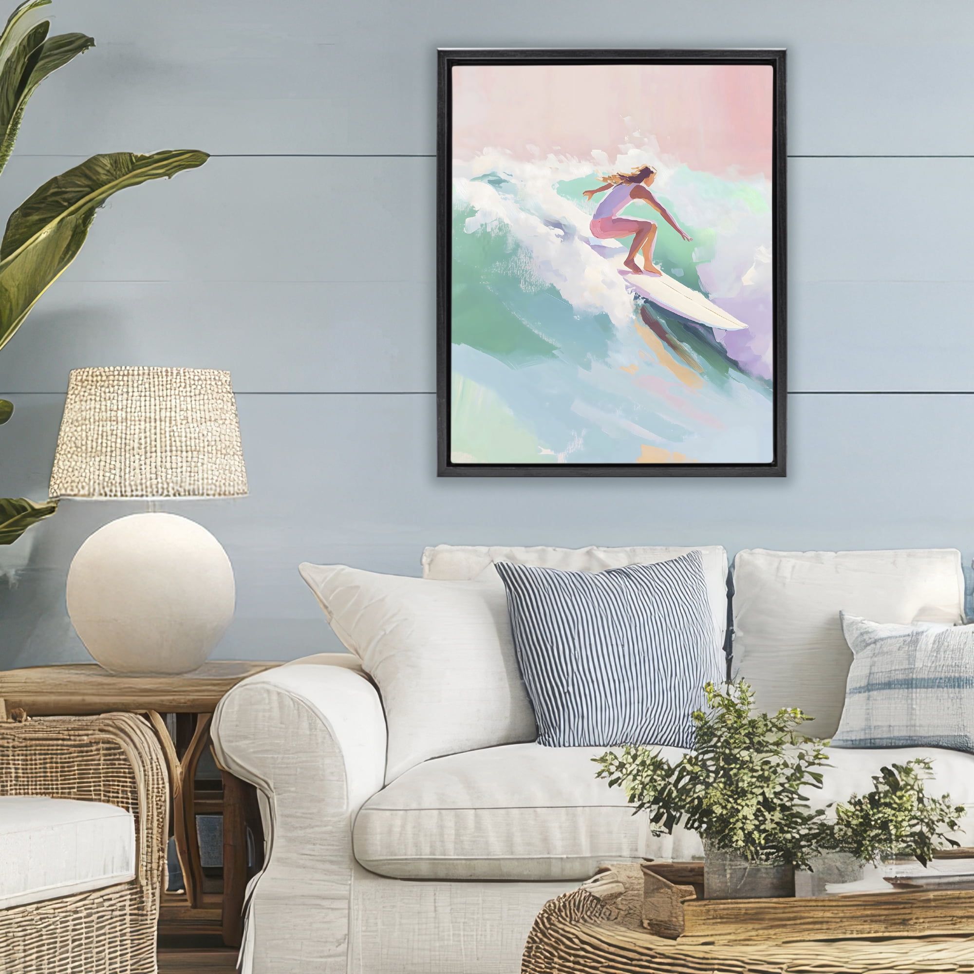 Stupell Industries Surfer Girl Riding Waves Black Framed Floater Canvas Wall Art, design by The Prints Vibe