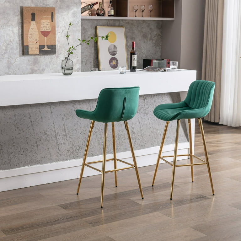 30 inch Set of 2 Bar Stools Counter Height Bar Stools with Chrome Footrest Velvet Fabric Counter Stool Bar Chairs with Golden Leg Modern High Bar Stool for Kitchen Island Pub Cafe
