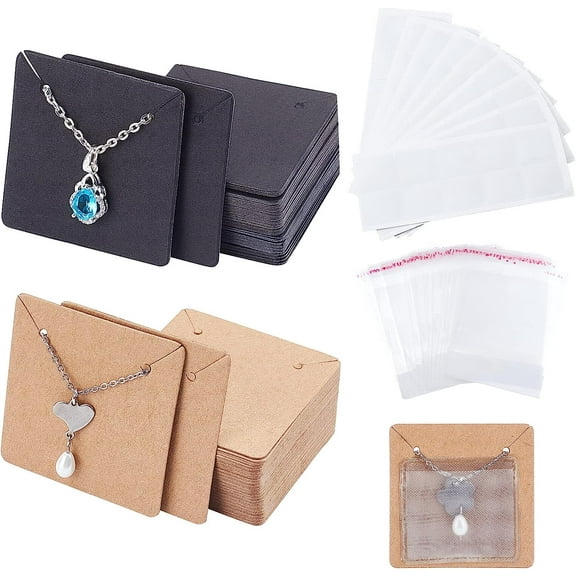100pcs Necklace Display Card 2 Colors Jewelry Display Cards 1.9” Square Display Holder with 100pcs Adhesive Pouch 100pcs Clear Self-Seal Bags for DIY Jewelry Necklace Keychain Supplies