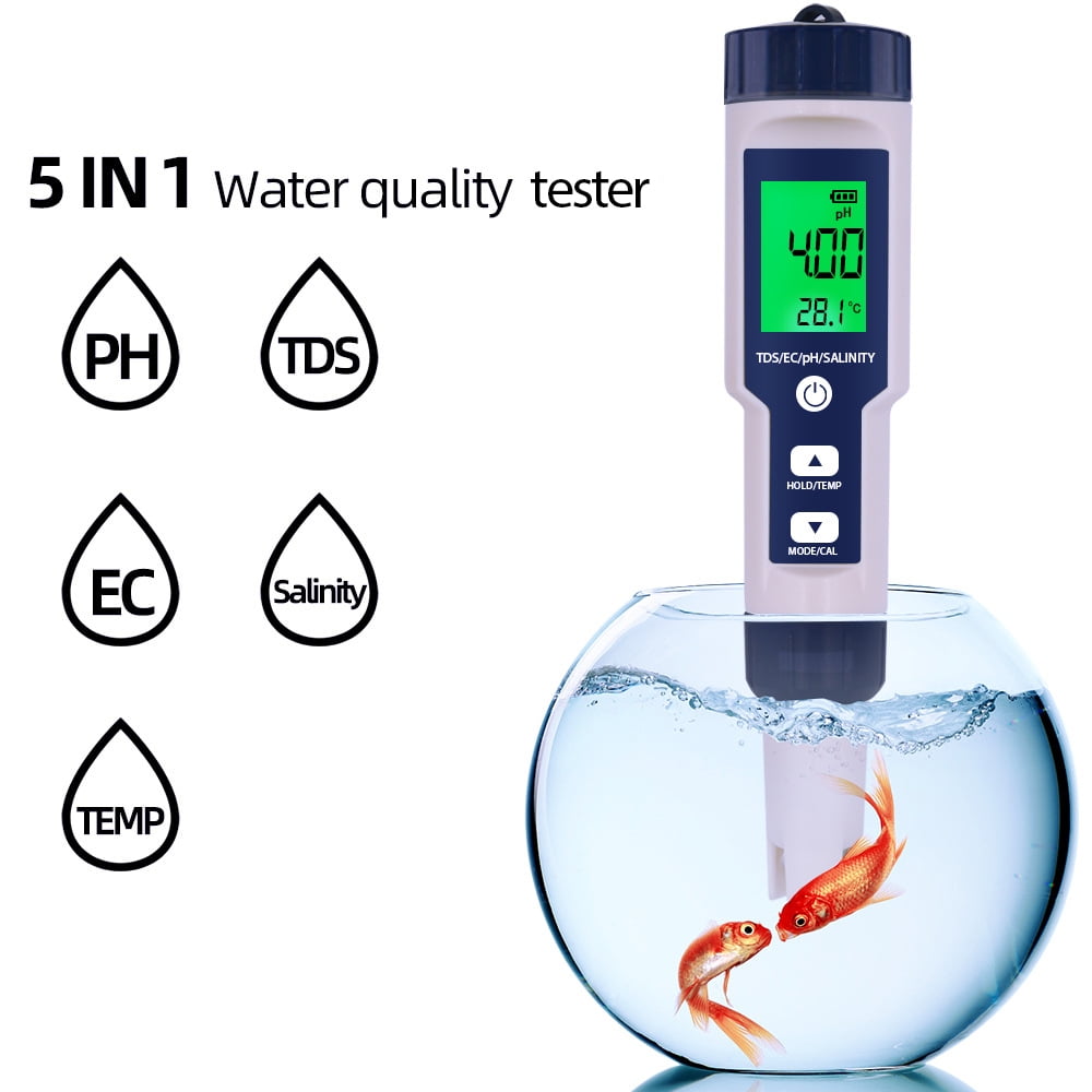 5 In 1 Digital Pen Water Quality Tester EC PH TDS Salinity Temp Meter Detector 