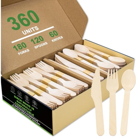 Disposable Wooden Cutlery Set - 360 Pcs Compostable Utensils [180 Forks, 60 Knives, 120 Spoons], Biodegradable Eco-Friendly Wooden Utensil Set, Disposable Cutlery for Parties Camping