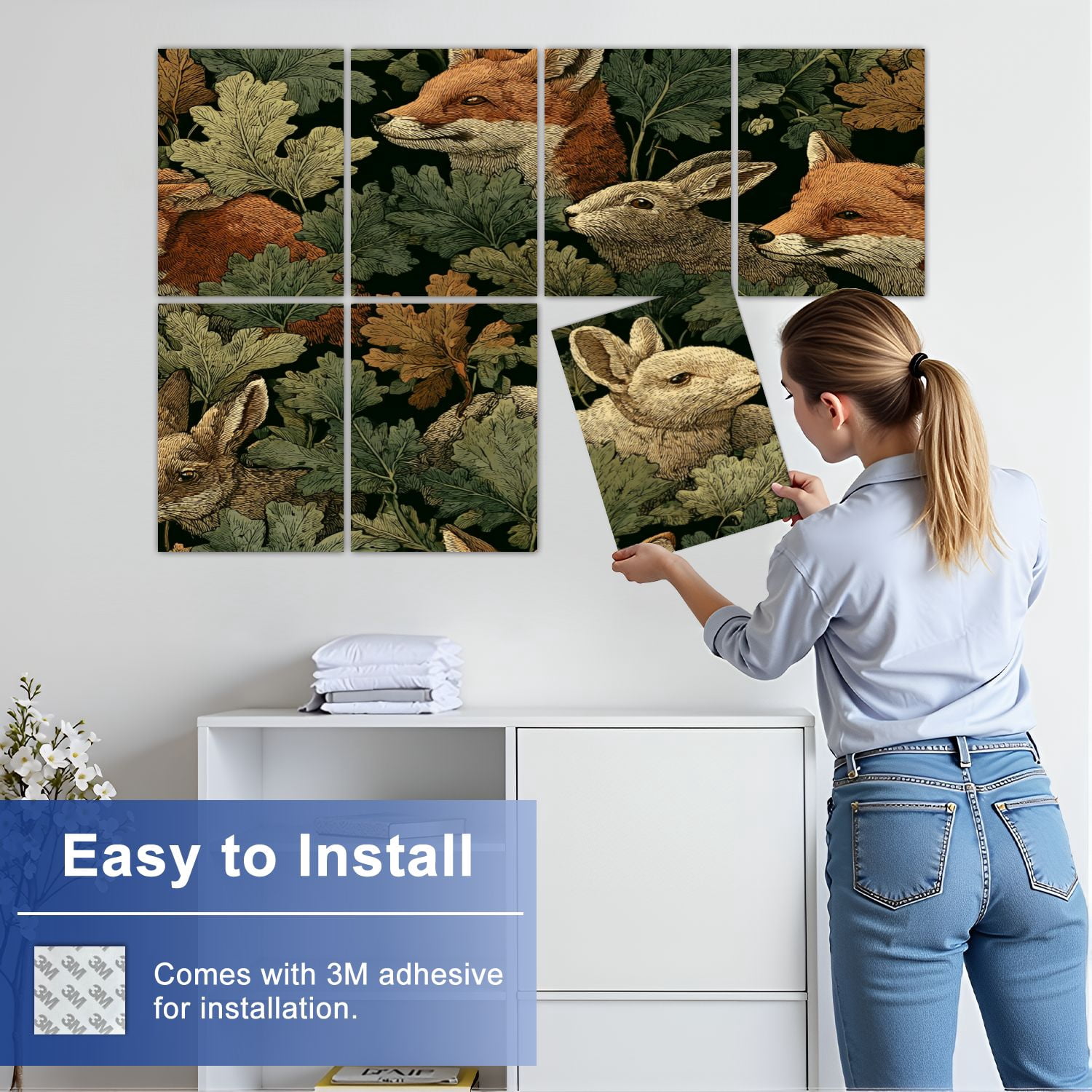 8 Pack Art Acoustic Panels Sound Absorbing Woodland Animals Foxes Rabbits Decorative Soundproof Wall Panels Self Adhesive for Nursery Game Room Bedroom 48"x32"