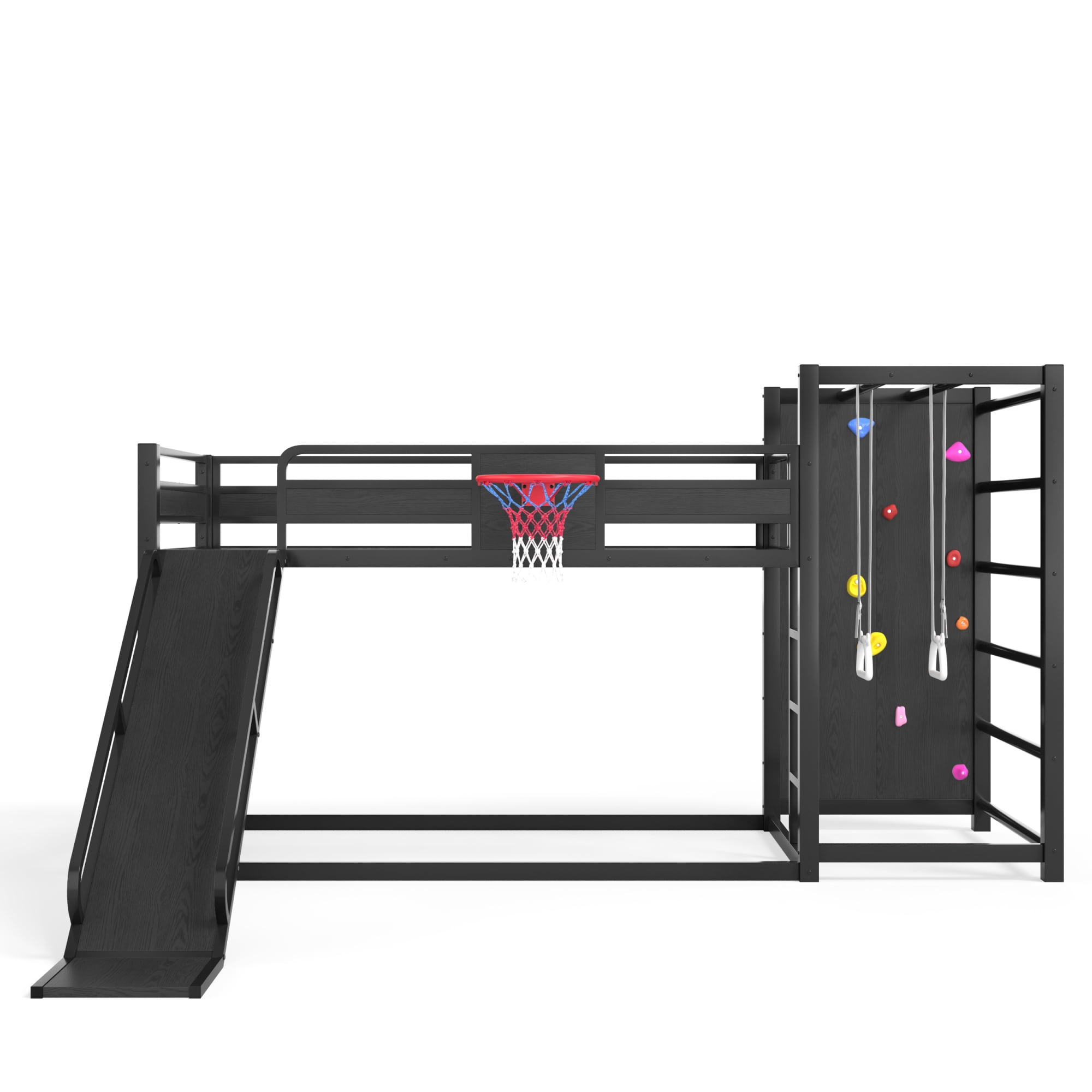 Twin XL Size Loft/Bunk Bed with Basketball Hoop, Pull-up Rings and Climbing Wall, Metal Loft Bed Frame with Slide and Bookshelves, Heavy Duty Bunk Beds with Guardrail