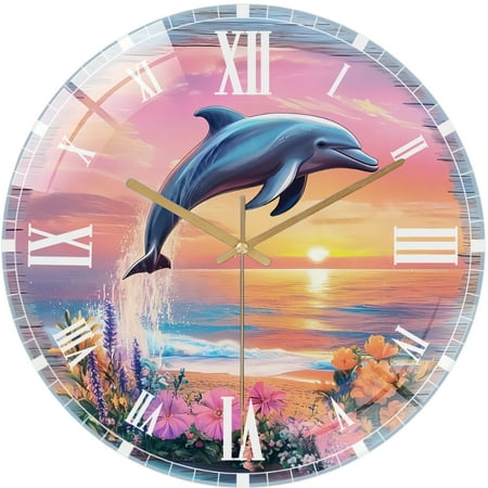 Decorative Clocks: Dolphin Glass Wall Clock, Colorful Dolphin Tropical Accent Decor Wall Clock for Homes, Bars, Offices, Man Caves, Garages, And Living Rooms .Also Makes A Great Gift.
