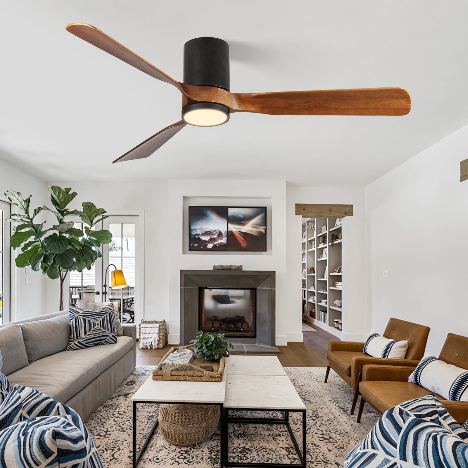 Lisonu 60" Indoor/Outdoor Ceiling Fan with LED Light & Remote, Modern Flush Mount Fan with Wood Blades, 6-Speed Reversible DC Motor for Patios & Bedrooms, White
