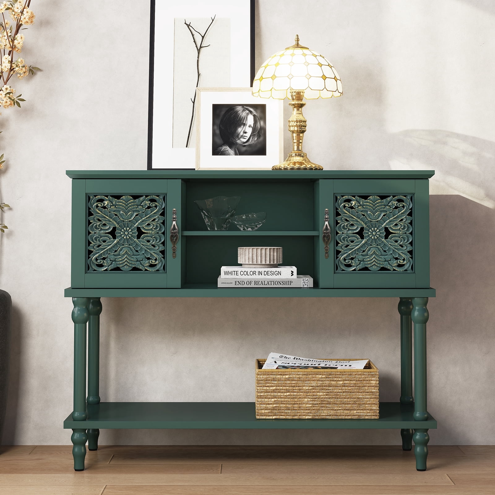 HLR Modern 42" Console Table with Storage, Entryway Table Wood Behind Couch with Shelves for Living Room, Green