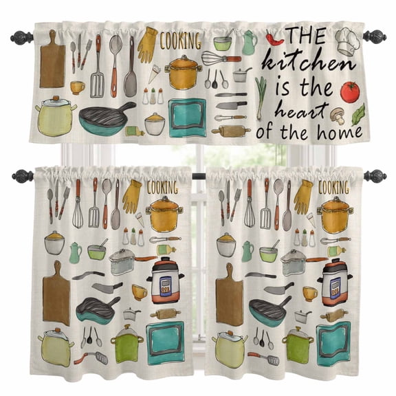 Kitchenware Kitchen Curtains Sets for Windows 36 Inch Length, Vintage Kitchen Cooking Tool Retro Beige Rod Pocket Window Treatments Tier Curtains and Valances Set for Bedroom/Bathroom