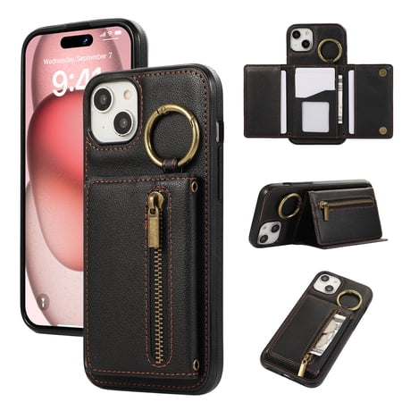 ELEHOLD Case for iPhone 14 Plus, Zipper Leather Wallet Crossbody Case with Detachable Ring Kickstand & Card Slots,Black