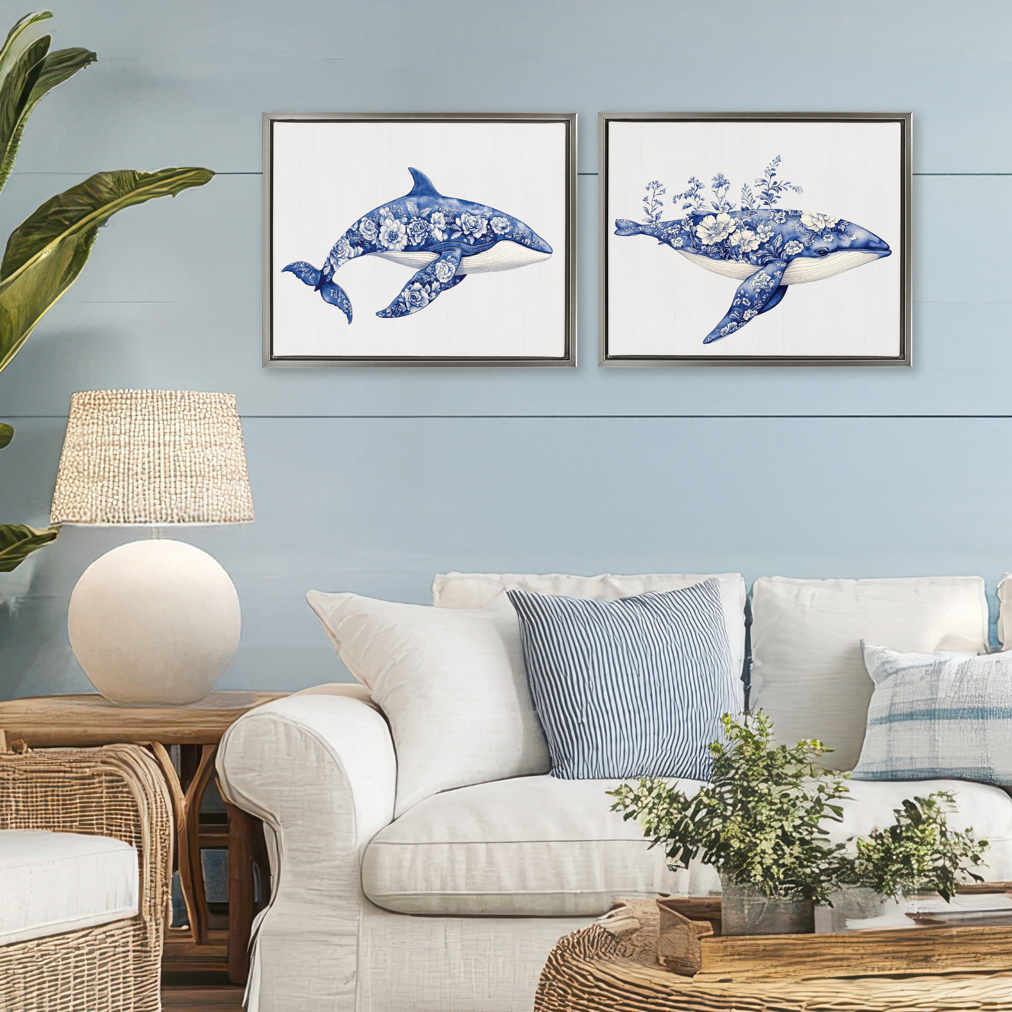 Blooming Toile Pattern Whales 2 Piece Gray Framed Floater Canvas Set, design by Lettered and Lined