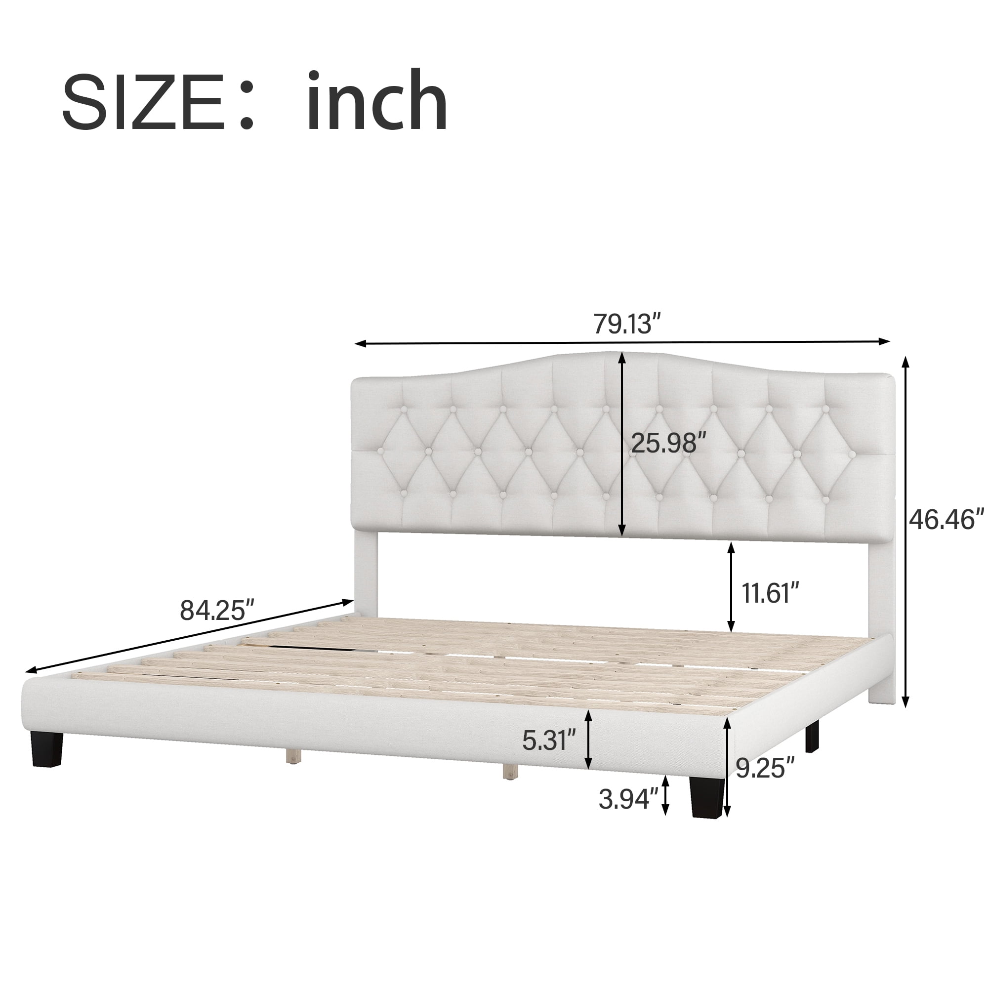 King Upholstered Linen Platform Bed Frame with Curved Tufted Headboard  Beige-ModernLuxe