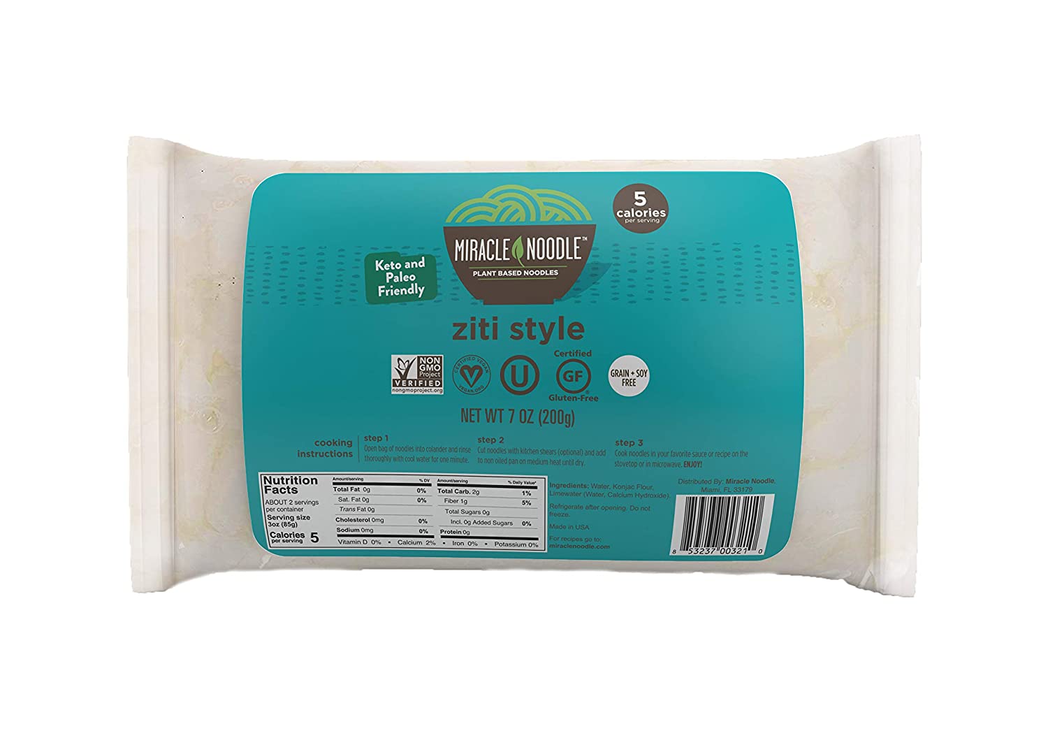 Miracle Noodle Ziti Shirataki Noodles, 7 oz (Pack of 6), Low Carbs, Low