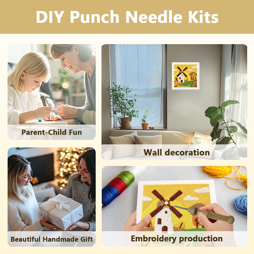 Polyester Cotton Punch Needle 4Folded Yarns Embroidery Kits Included Threader Cotton Thread Punch Needle Thread Clips 3.5MM Wooden Needle Windmill