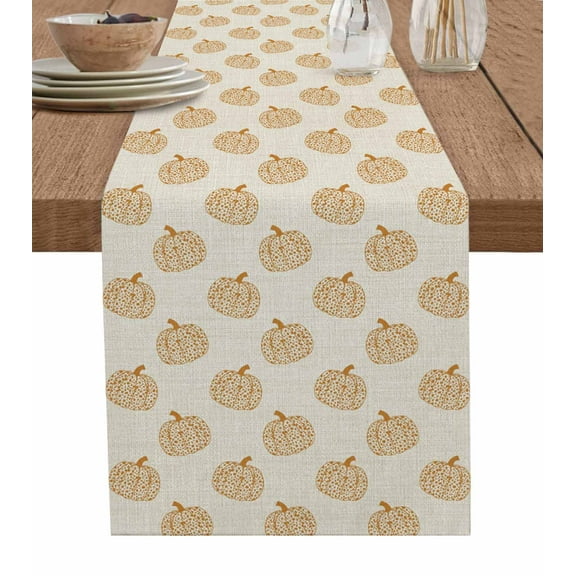 Beige Pumpkins Fall Table Runner 72 Inches, Thanksgiving Botanical Modern Art Bed Runner Dresser Scarves Tabletop for Indoor Outdoor Parties/Ceremony/Banquet, 14" x 72"