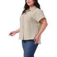 thumbnail image 4 of Camisas de mujer de talla grande con botones Agnes Orinda, con solapa, mangas cortas enrolladas, dobladillo dividido, blusas de verano, tops casuales con bolsillo 3X beige, 4 of 5