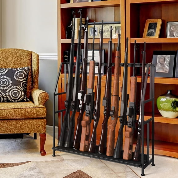 Gun Rack, Floor Standing Shotgun Racks Indoor, Heavy Duty Metal Frame Wooden Rifle Racks with Foot Padding, Vertical Gun Display Stand for Home Garage Gun Storage - Holds up to 10 Long Guns