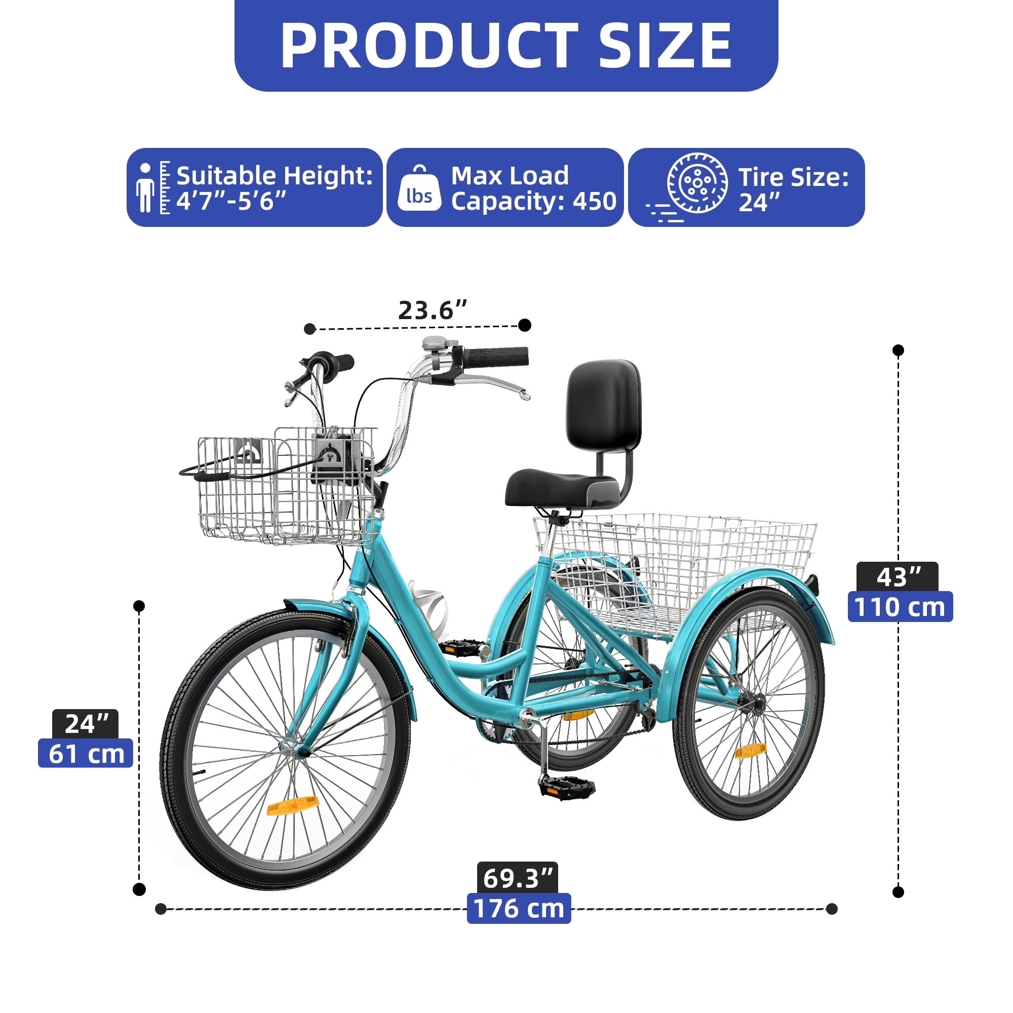 ModFusion Shimano 24" 7-Speed Adult Tricycle, 3-Wheel Bike with Removable Basket, Mint Green