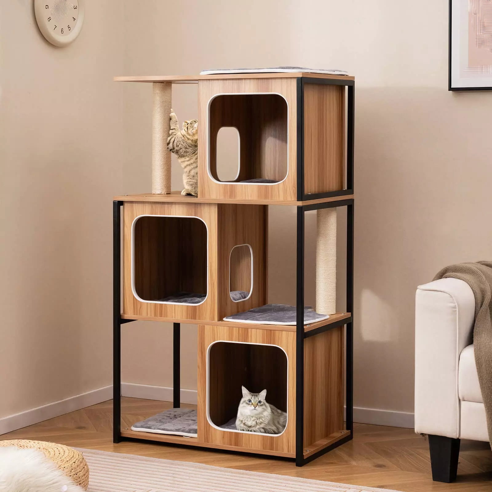 Auranook 52" Tall Wooden Cat Tree w/ Metal Frame, 3 Condos, Sisal Scratching Posts & Board, Washable Cushions, Multi-Level Tower for Large Indoor Cats & Kittens