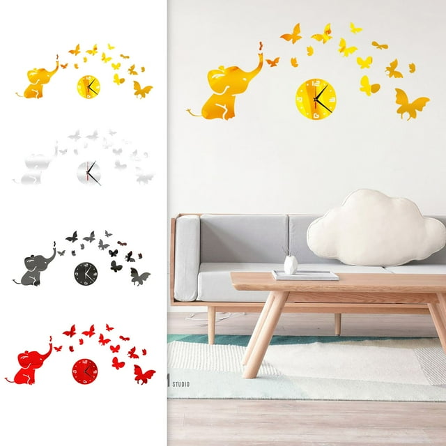 MORESEC under $5 4Pcs Frameless DIY Wall Clock,Mirror Sticker Mute Clock for Home and Office Decor, Removable Elephant Butterfly Design, Silent Ticking Wall Clock, Easy to Apply Decorative Clock