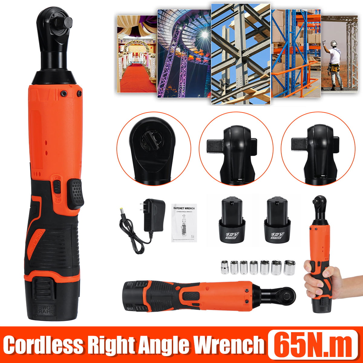 Electric Cordless Right Ratchet 3/8'' 12V 90° 65Nm Angle Wrench Tool+7Pcs Socket 