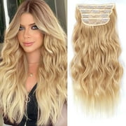 Clip in Long Wavy Synthetic Hair Extension 24 Inch Golden Blonde 4PCS Thick Hairpieces Fiber Double Weft Hair for Women